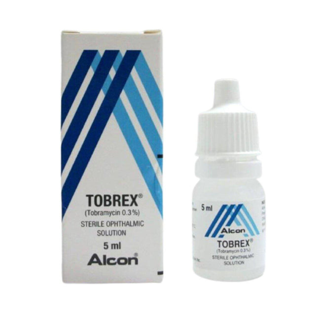 Tobrex bottle and packaging on a white background