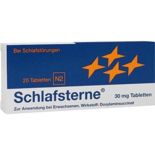 Box of Schlafsterne tablets with orange stars on a blue and white background