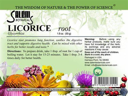 Salem Botanicals Licorice root label with herbal imagery and text.