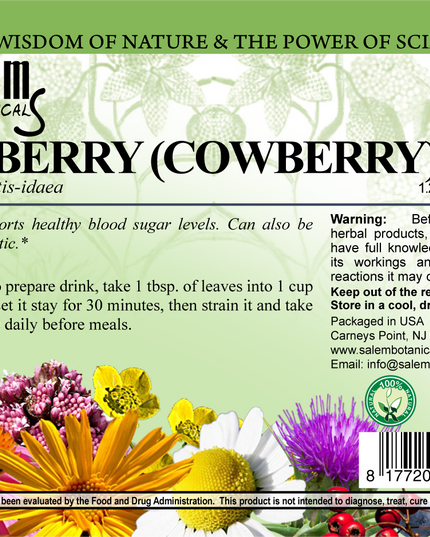 Salem Botanical Foxberry (Cowberry) leaf label with floral design and text.