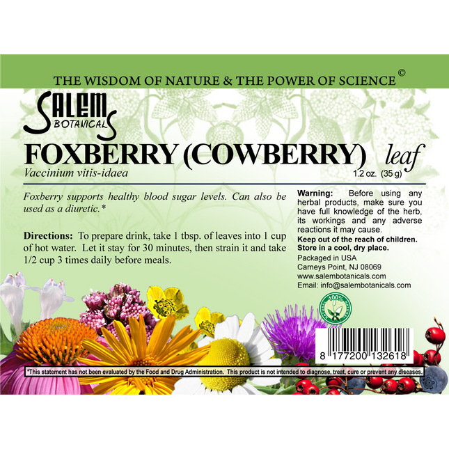 Salem Botanical Foxberry (Cowberry) leaf label with floral design and text.