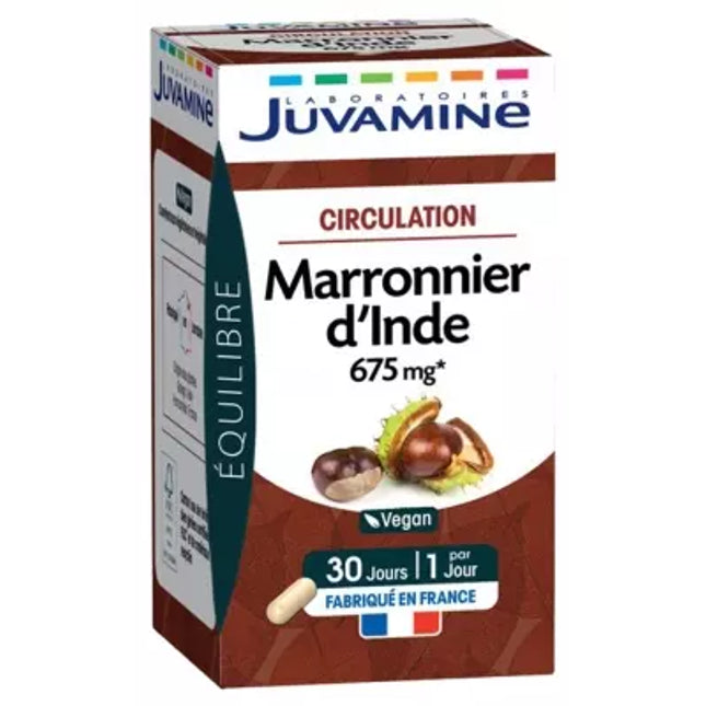 Juvamine supplement box for circulation with marronnier d'Inde on a white background