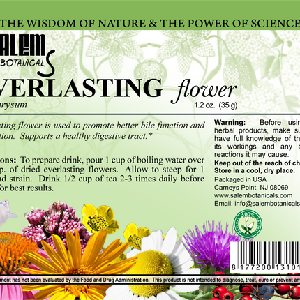 Salem Botanical Everlasting Flower label with floral design and text.
