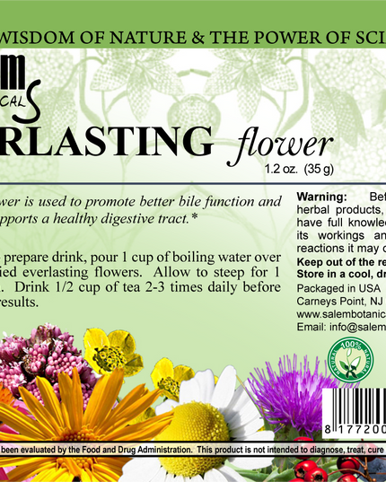 Salem Botanical Everlasting Flower label with floral design and text.