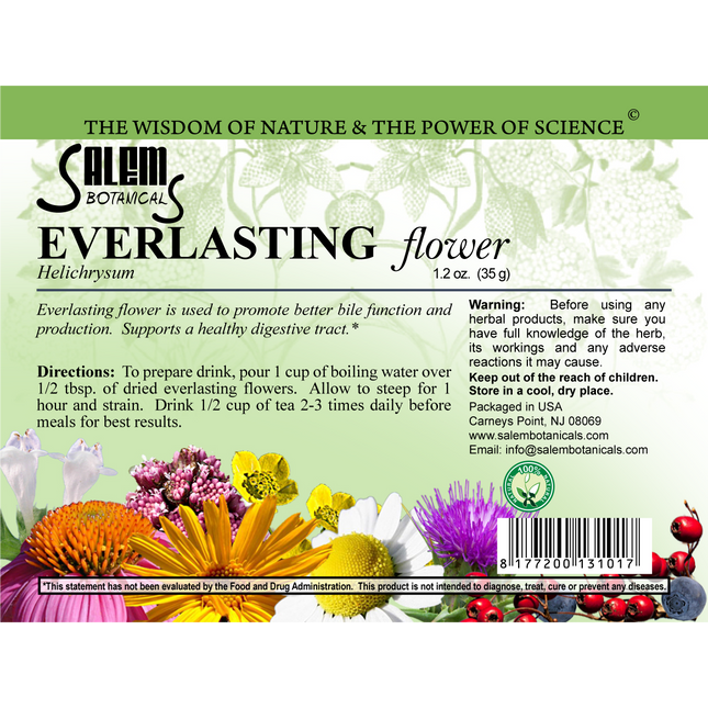 Salem Botanical Everlasting Flower label with floral design and text.