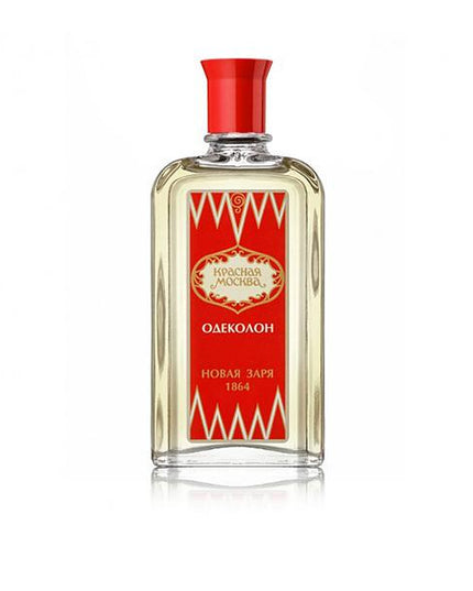 Bottle of Red Square Moskva cologne with red cap on a white background
