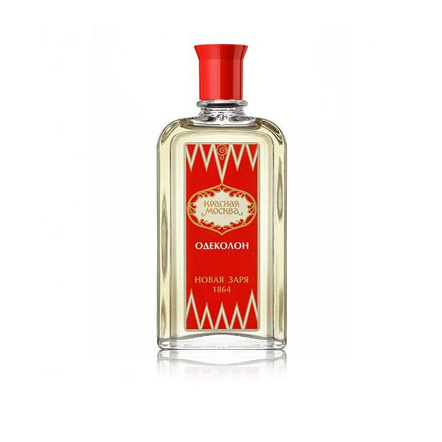 Bottle of Red Square Moskva cologne with red cap on a white background