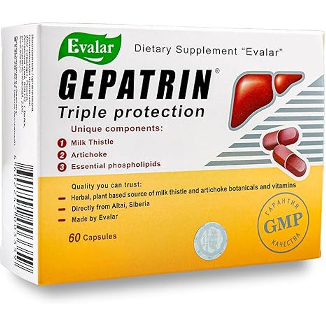 Box of Gepatrin dietary supplement with Evalar branding on a white background