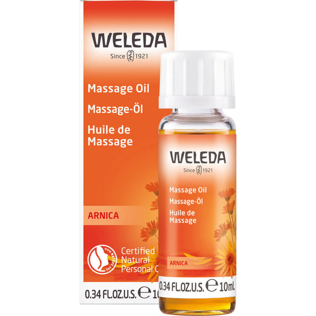 Weleda Arnica massage oil bottle and packaging on a white background