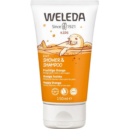 Weleda Kids shower and shampoo tube with orange design on a white background