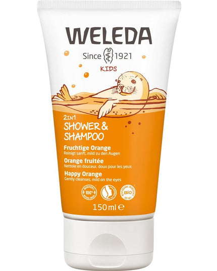 Weleda Kids shower and shampoo tube with orange design on a white background