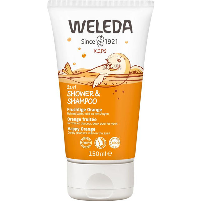 Weleda Kids shower and shampoo tube with orange design on a white background