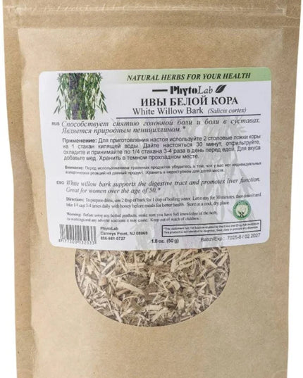 Pouch of white willow bark with a label on a white background