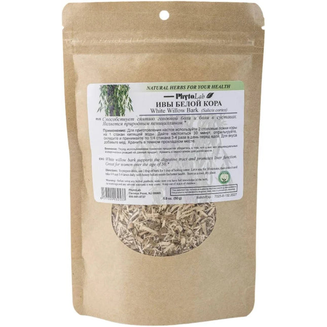 Pouch of white willow bark with a label on a white background