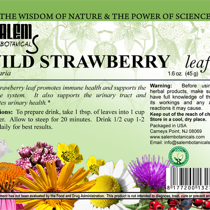 Salem Botanical Wild Strawberry leaf label with herbal imagery and text.