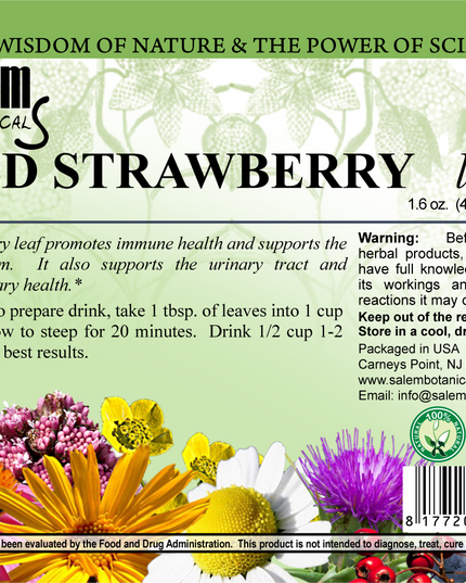 Salem Botanical Wild Strawberry leaf label with herbal imagery and text.