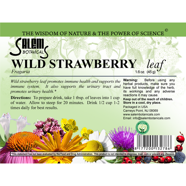 Salem Botanical Wild Strawberry leaf label with herbal imagery and text.