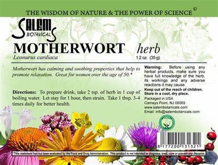 Salem Botanicals Motherwort herb label with floral design