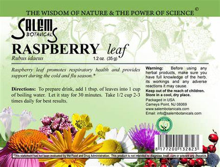 Salem Botanicals Raspberry leaf product label with floral design