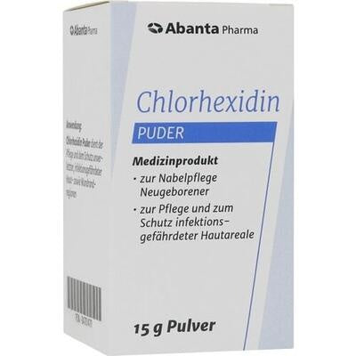 Abanta Pharma Chlorhexidine powder packaging on a white background
