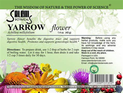 Salem Botanicals Yarrow flower label with floral illustrations and text.
