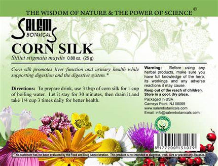 Salem Botanicals Corn Silk label with herbal imagery and text.
