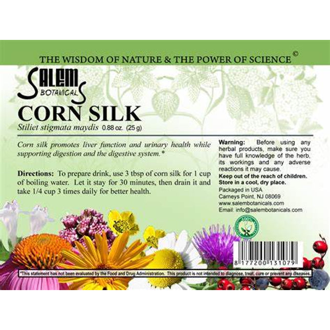 Salem Botanicals Corn Silk label with herbal imagery and text.